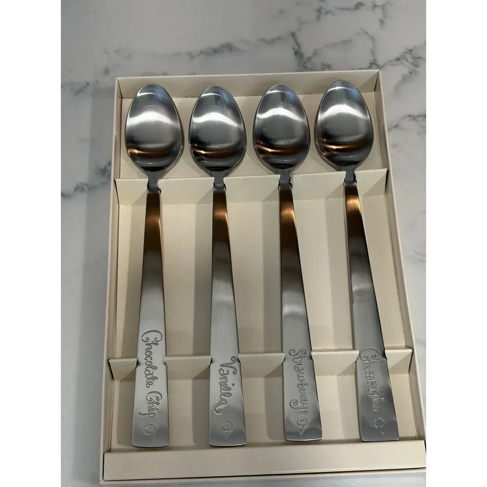 Pottery Barn Stainless Steel Engraved‎ Ice Cream Spoons Set of 4 NEW